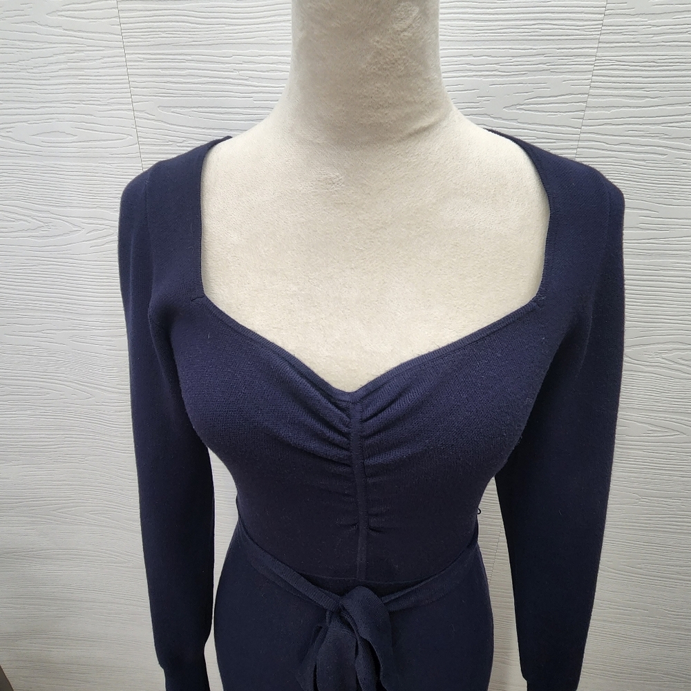Boden Sweetheart Midnight Navy Blue Long Sleeve Midi Sweater Dress belted Sz 6R - Picture 4 of 10